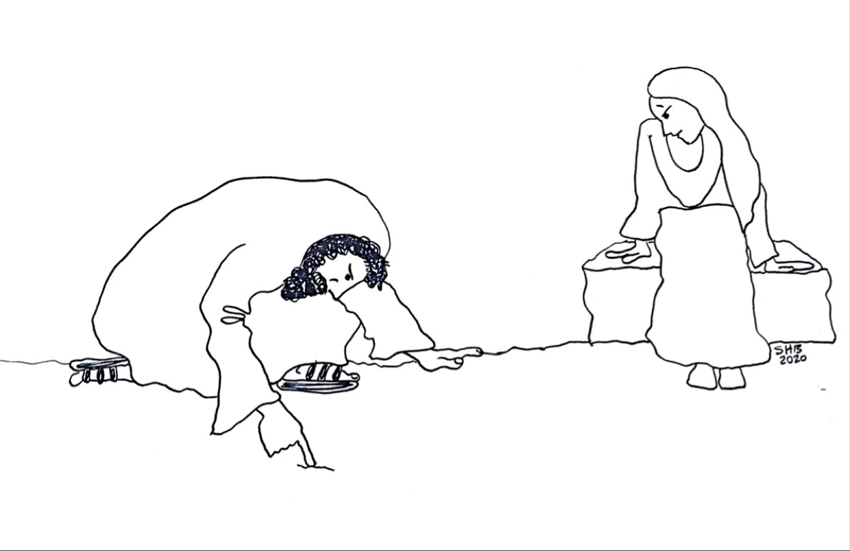 Drawing by S.H. Bingham — Jesus kneeling and writing in the dust