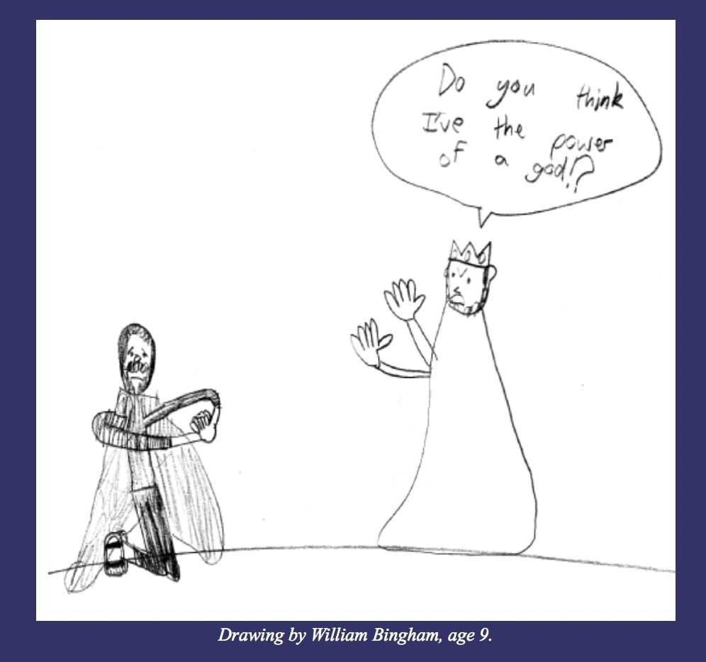 Line drawing by William Bingham, age 9, for the chancel opera Namaan the Leper