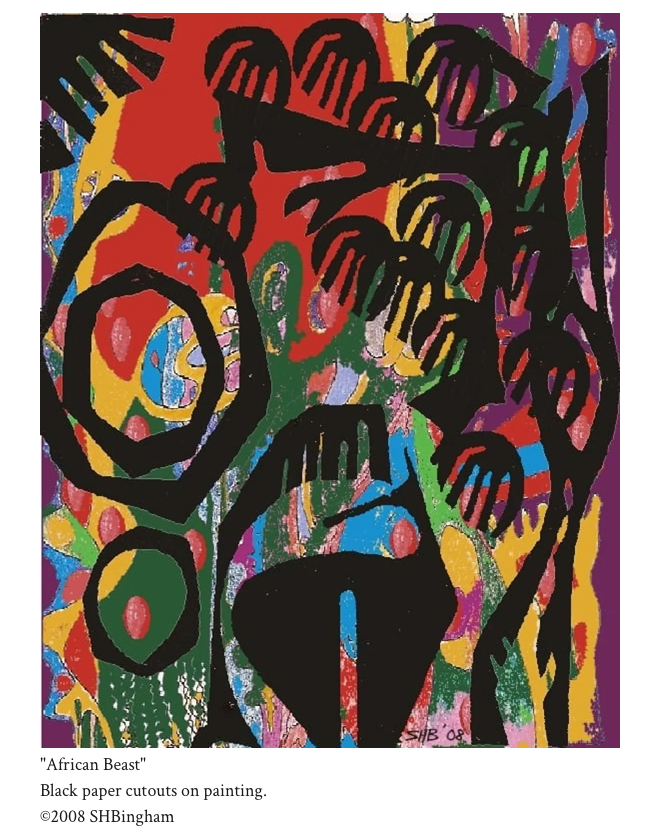 African Beast – black paper cutouts on painting by Susan Hulsman Bingham