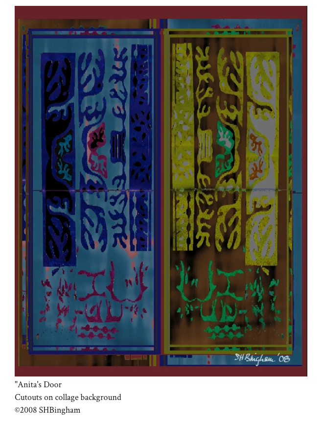 Anita's Door – cutouts on collage background by Susan Hulsman Bingham