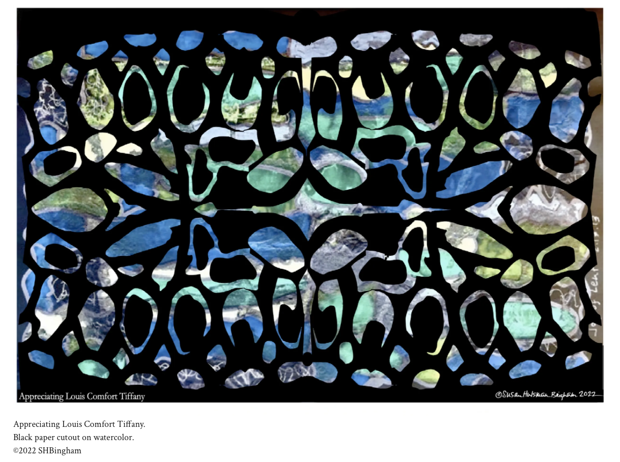 Appreciating Louis Comfort Tiffany – black paper cutout on watercolor by Susan Hulsman Bingham