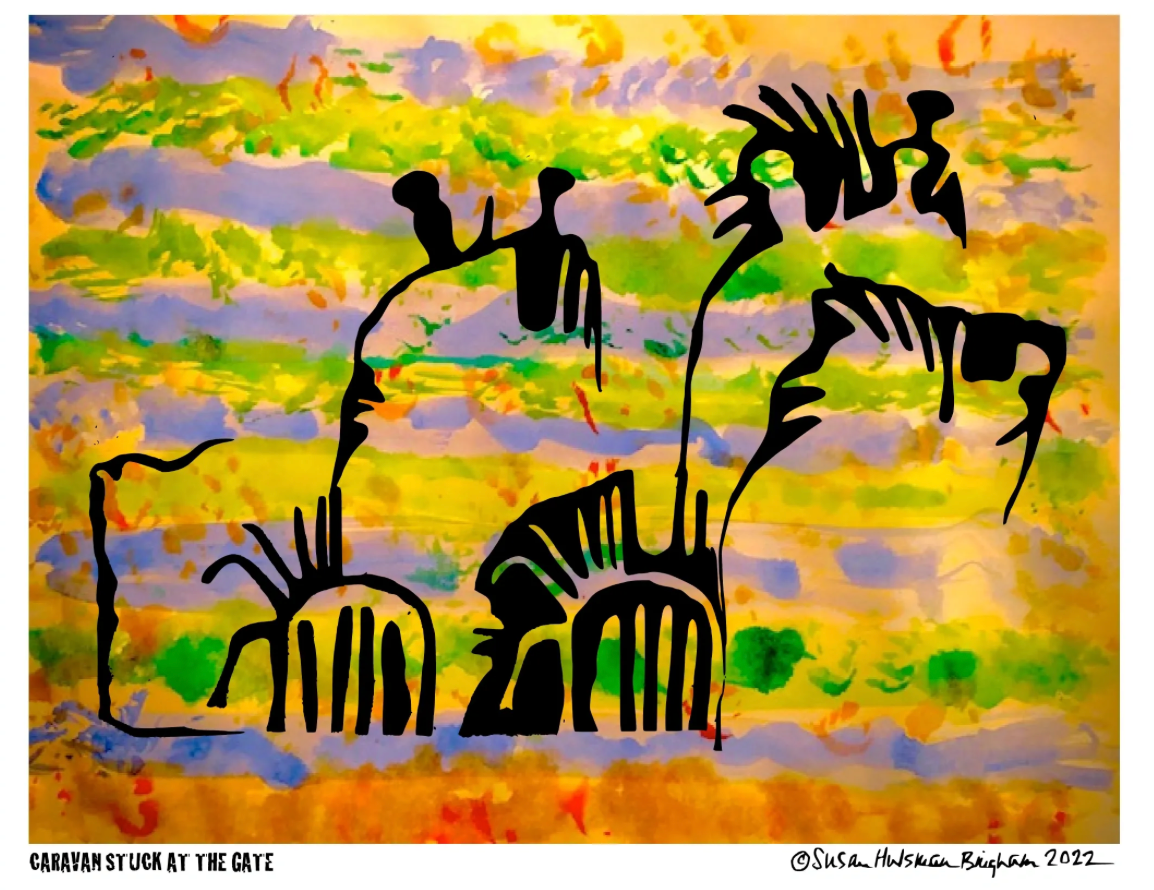 Caravan Stuck at the Gate – cut paper and watercolor by Susan Hulsman Bingham