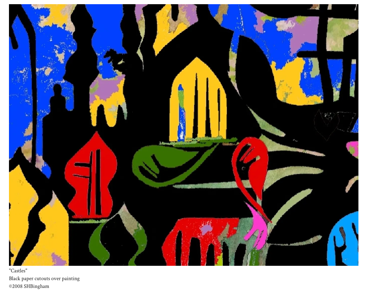 Castles – black paper cutouts over painting by Susan Hulsman Bingham