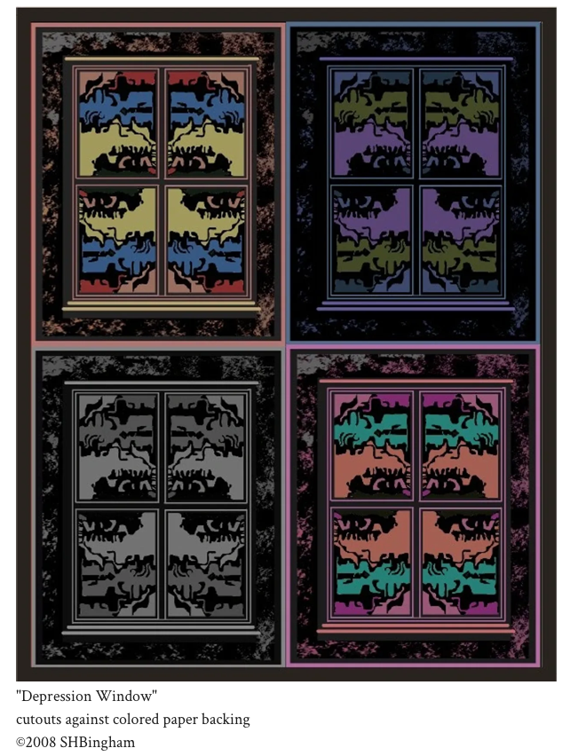Depression Window – cutouts against colored paper backing by Susan Hulsman Bingham