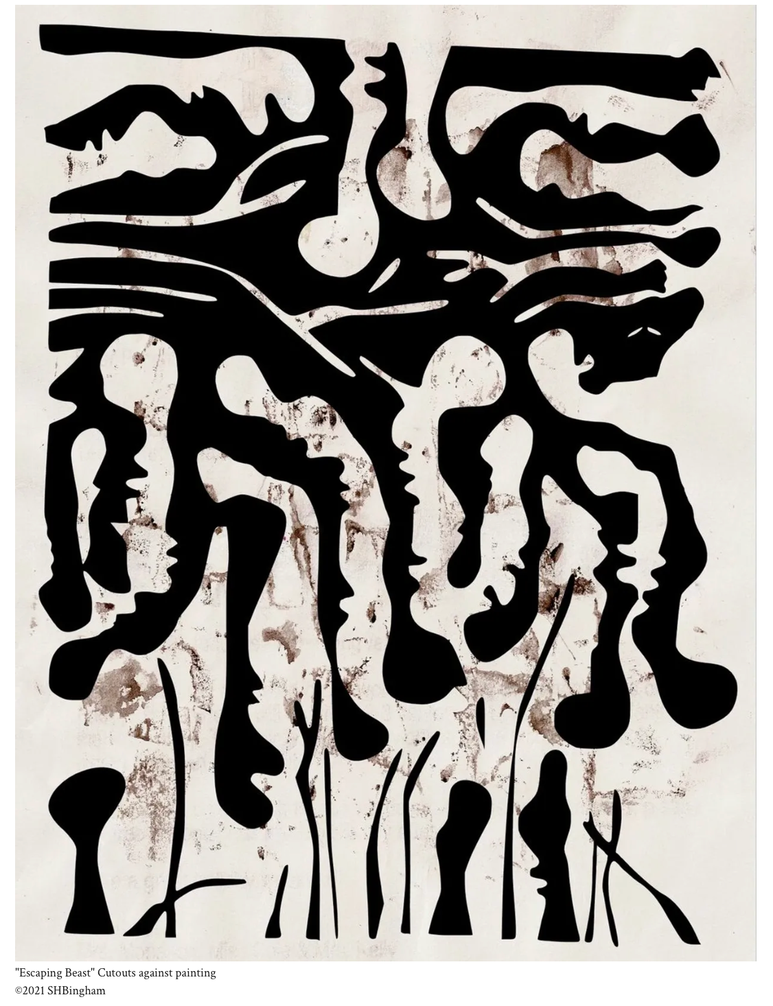 Escaping Beast – cutouts against painting by Susan Hulsman Bingham