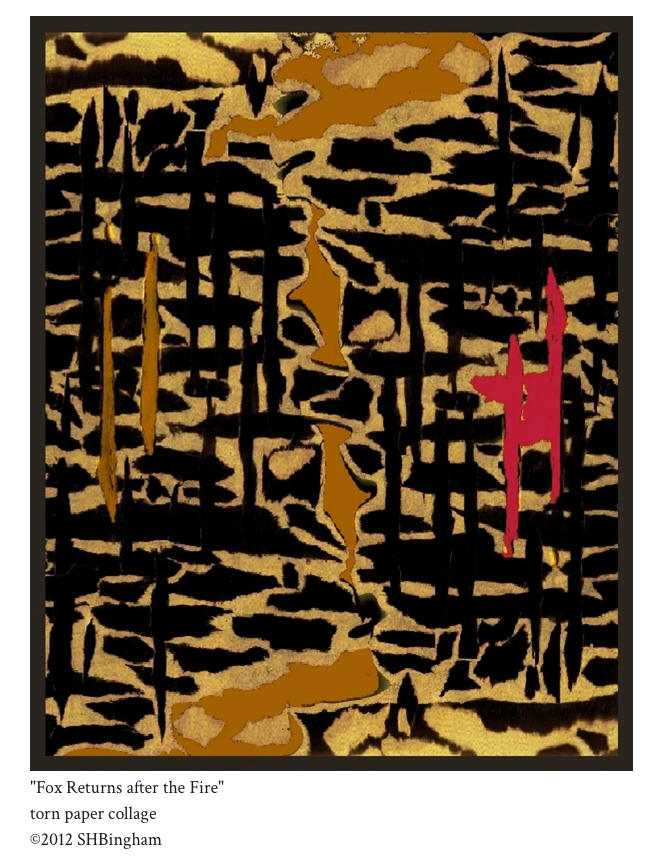 Fox Returns After the Fire – torn paper collage by Susan Hulsman Bingham