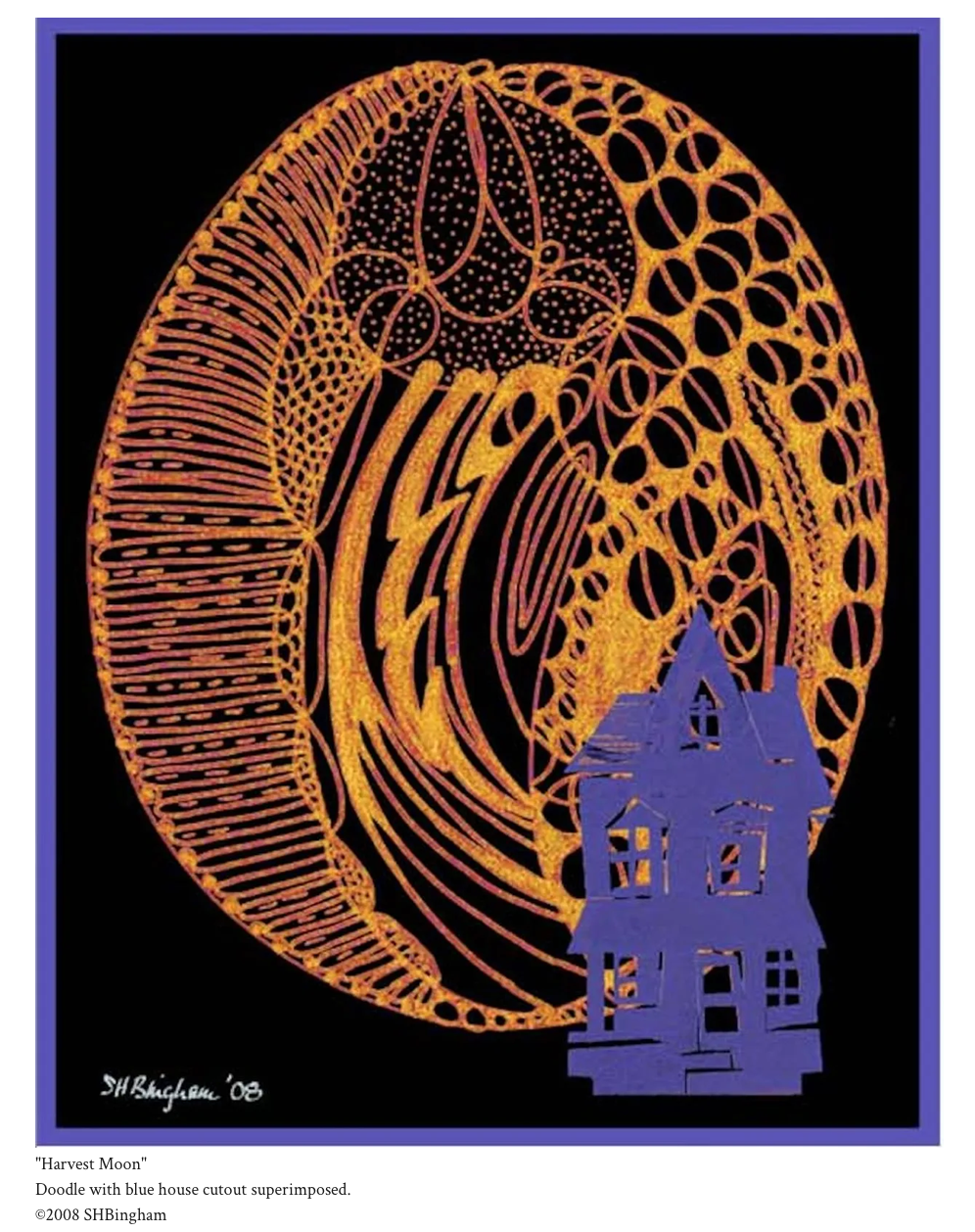 Harvest Moon – doodle with blue house cutout superimposed by Susan Hulsman Bingham