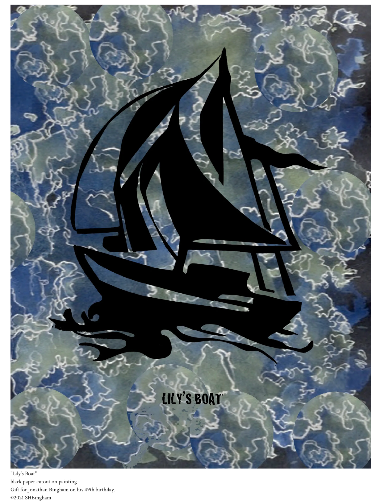 Lily's Boat – black paper cutout on painting by Susan Hulsman Bingham