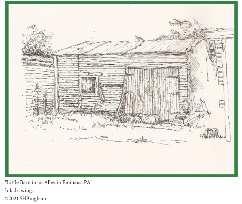 Little Barn in an Alley in Emmaus PA – ink drawing by Susan Hulsman Bingham
