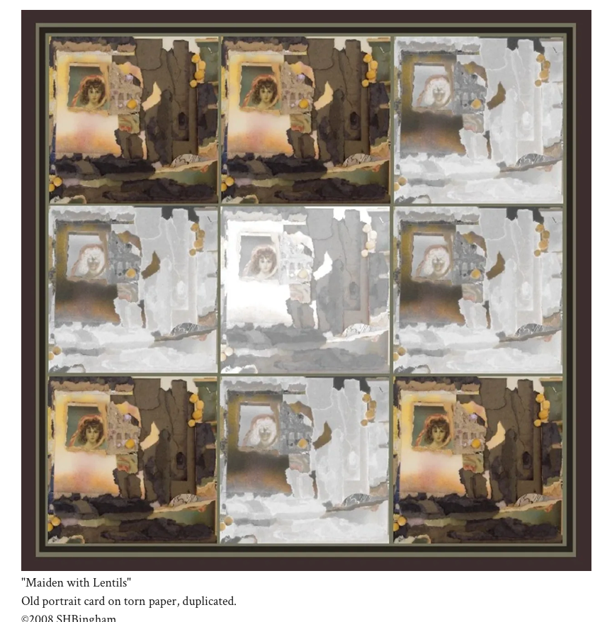 Maiden with Lentils – old portrait card on torn paper, duplicated, by Susan Hulsman Bingham
