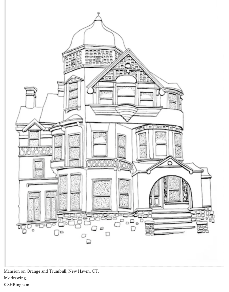 Mansion on Orange and Trumbull, New Haven CT – ink drawing by Susan Hulsman Bingham