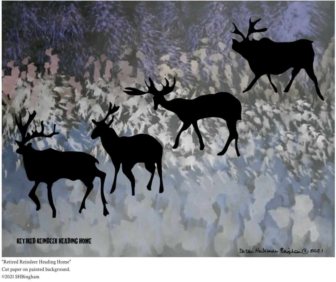 Retired Reindeer Heading Home – cut paper on painted background by Susan Bingham