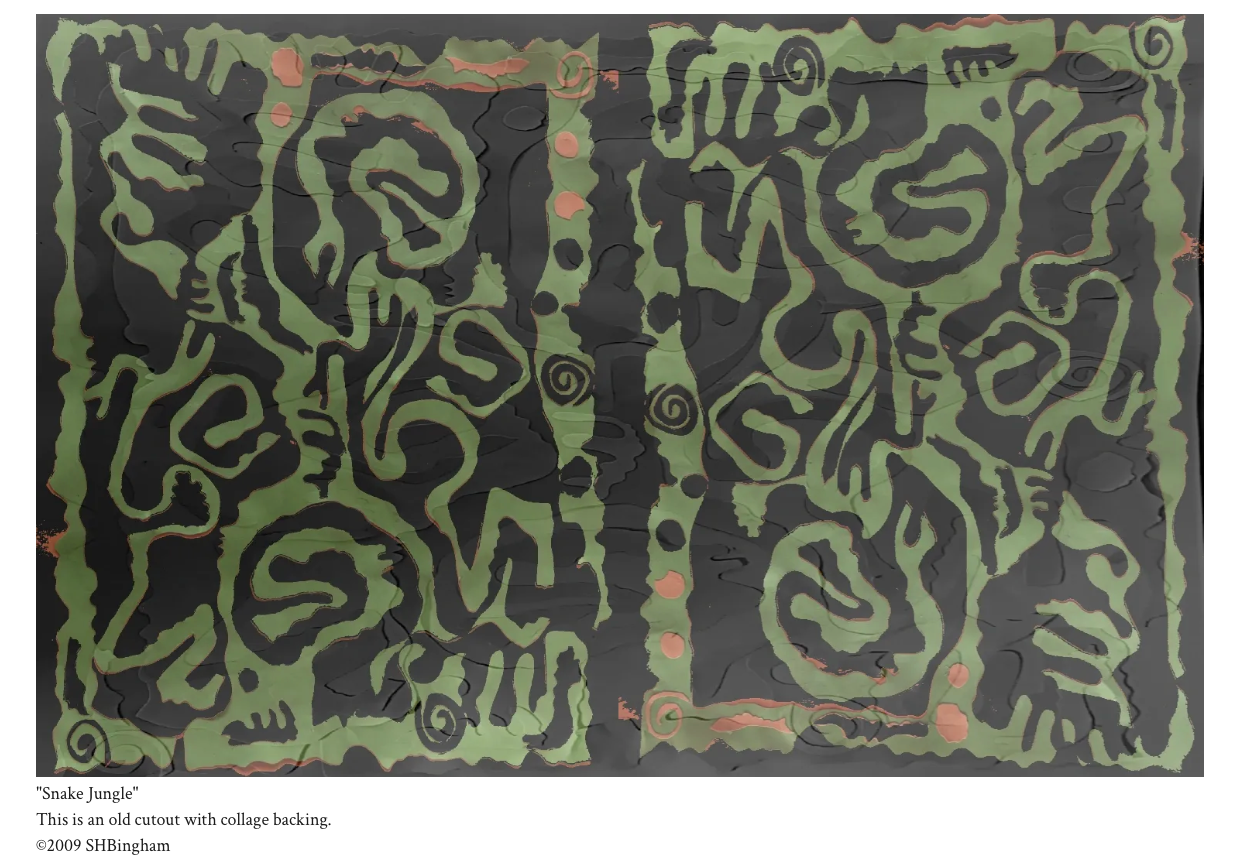 Snake Jungle – old cutout with collage backing by Susan Hulsman Bingham