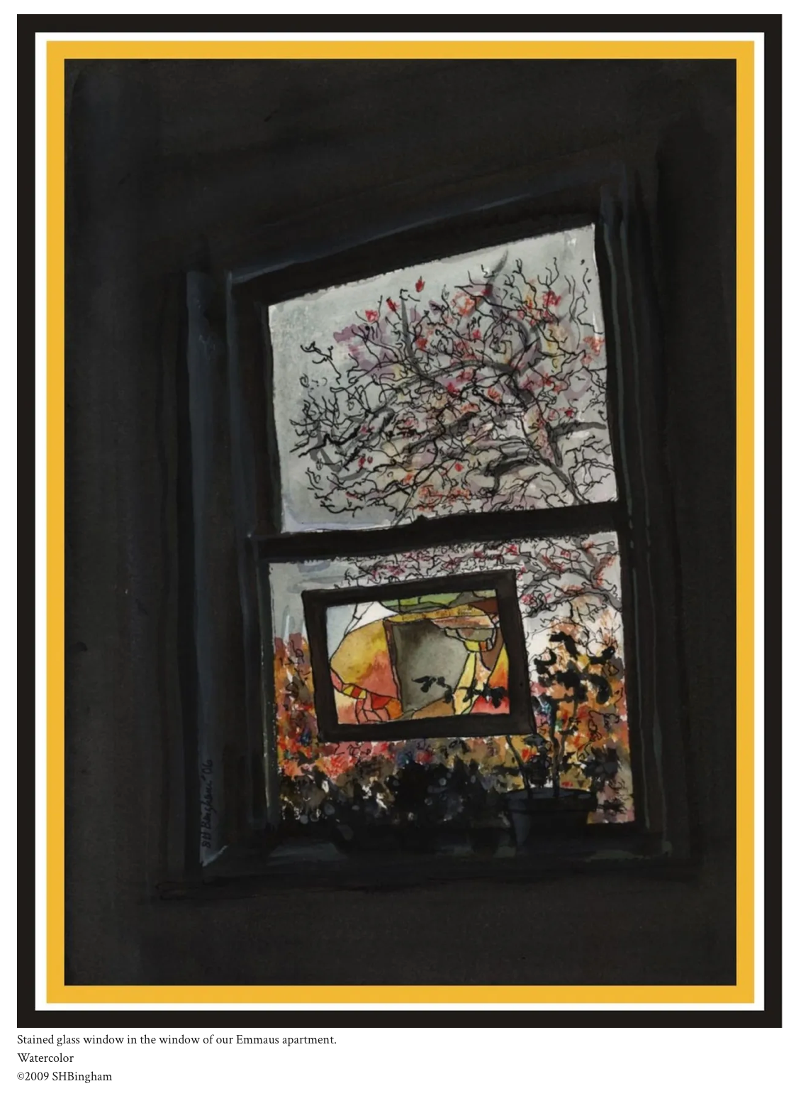 Stained Glass Window in the window of our Emmaus apartment – watercolor by Susan Hulsman Bingham