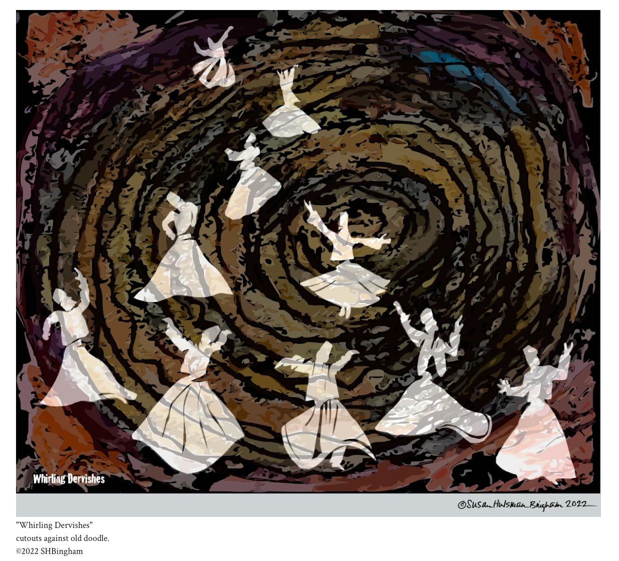Whirling Dervishes – cutouts against old doodle by Susan Hulsman Bingham
