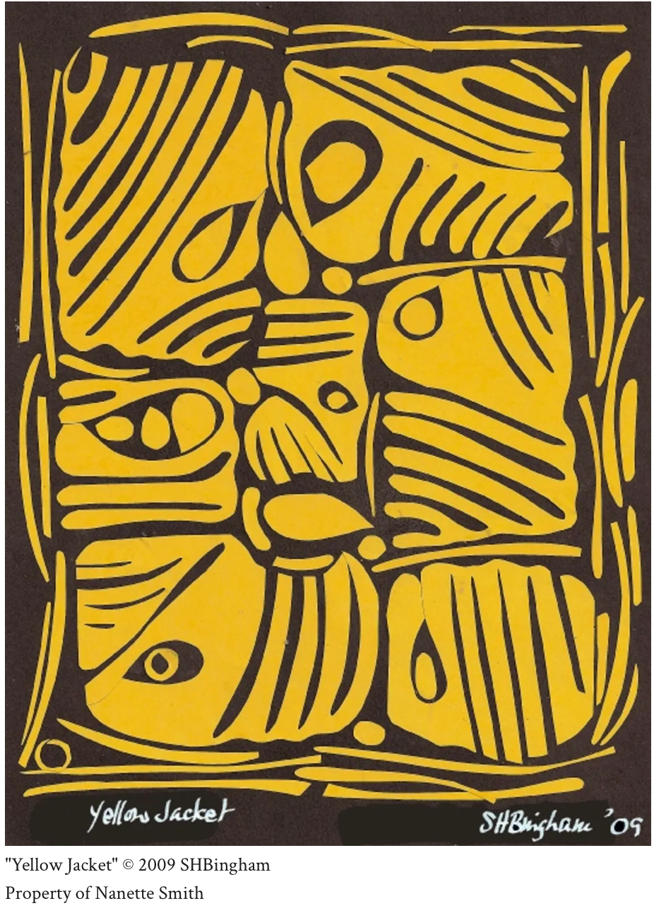 Yellow Jacket – woodcut-style artwork by Susan Bingham